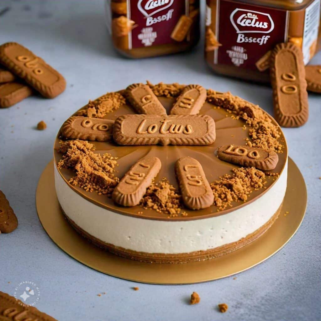 Pouring the glossy melted Biscoff topping over the cheesecake