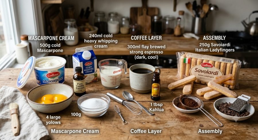 Square of the best classic Italian tiramisu dusted with cocoa, showing creamy mascarpone layers