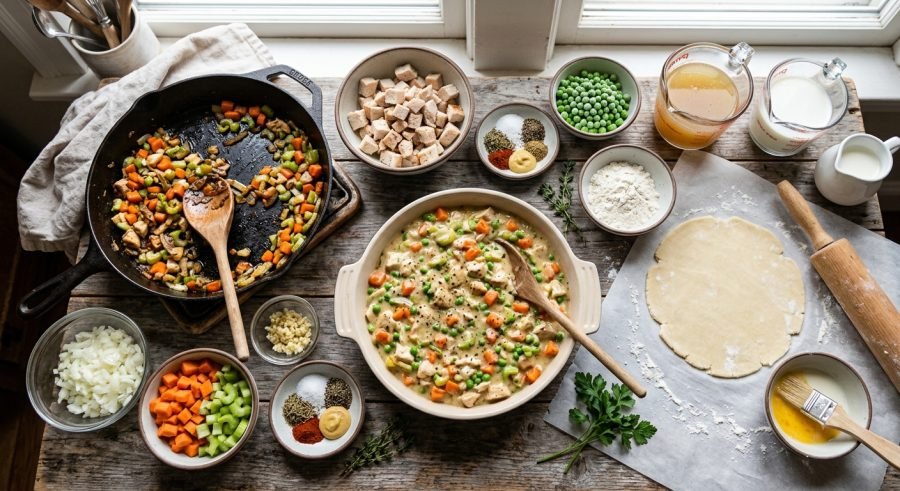Creamy chicken pot pie fresh from the oven with a deep golden, flaky crust