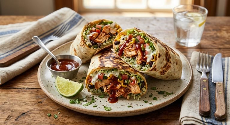 BBQ chicken burritos with smoky chicken, beans, corn and melted cheese