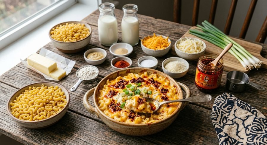 Creamy chili crisp mac and cheese in a bowl, topped with chili crisp, green onions and sesame seeds