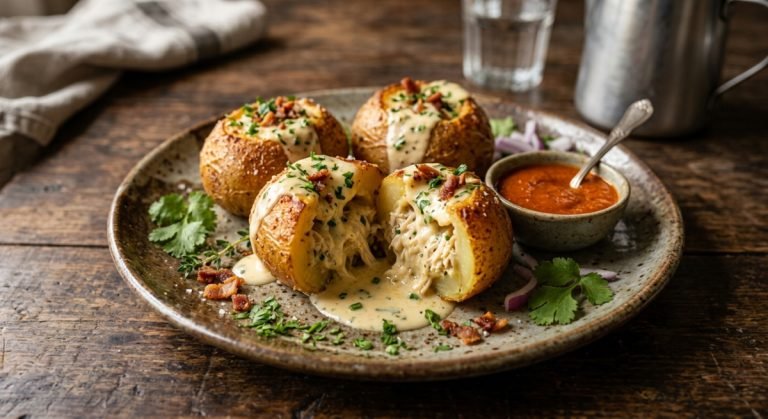 Crispy stuffed potato filled with creamy cheesy chicken